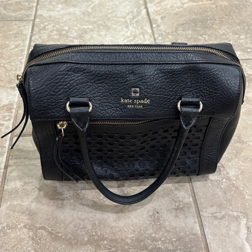 Kate Spade New York Black Pebbled Leather Perforated Satchel Bag Handbag